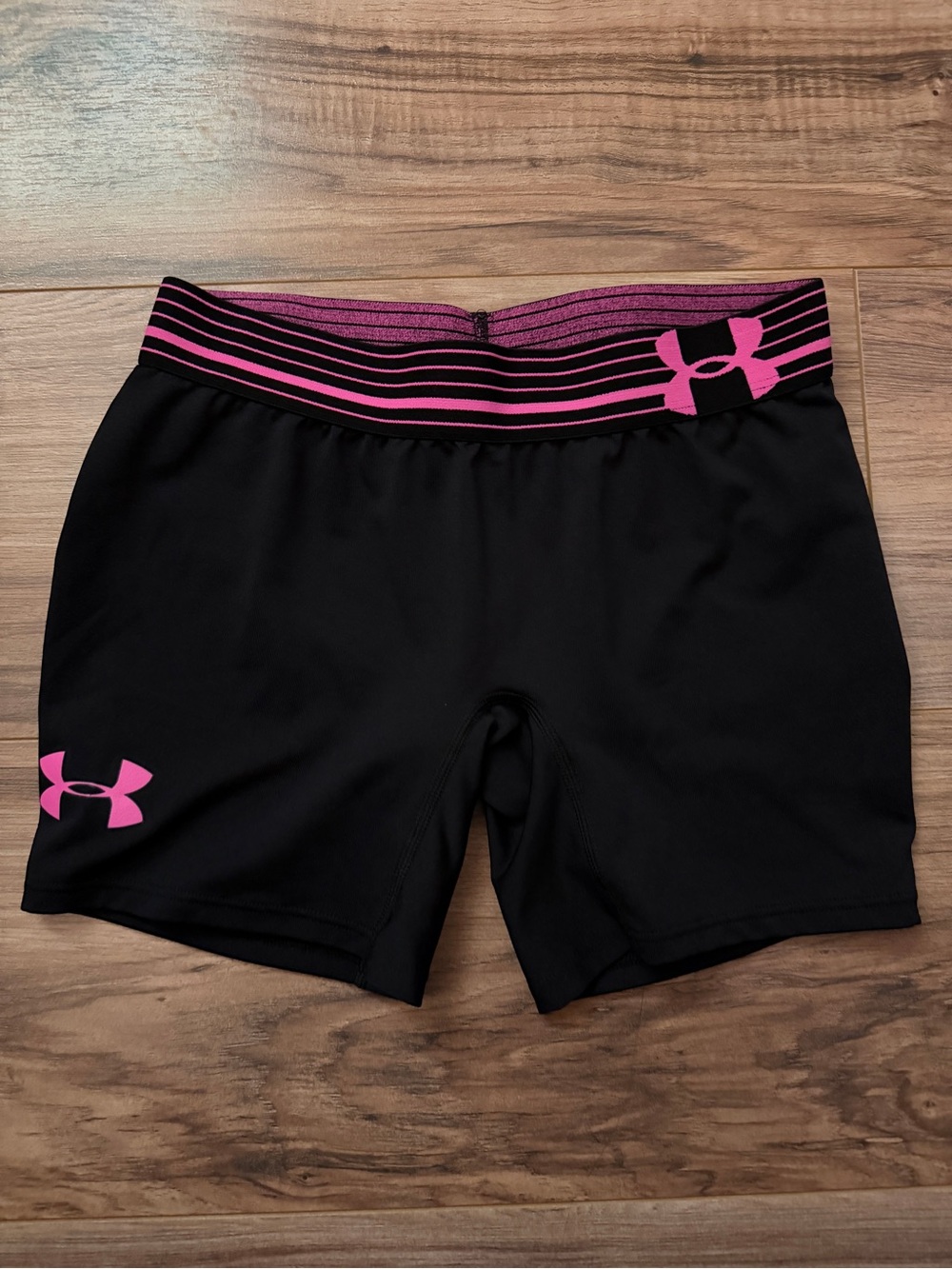 Girls Under Armour Black Shorts with Pink Waistband and Logo